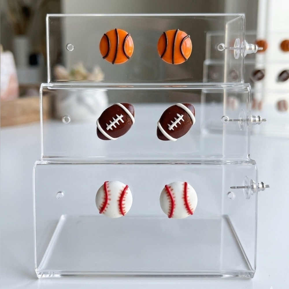 Sports Ball Stud Earring Trio Set - Handmade - Basketball Football Baseball